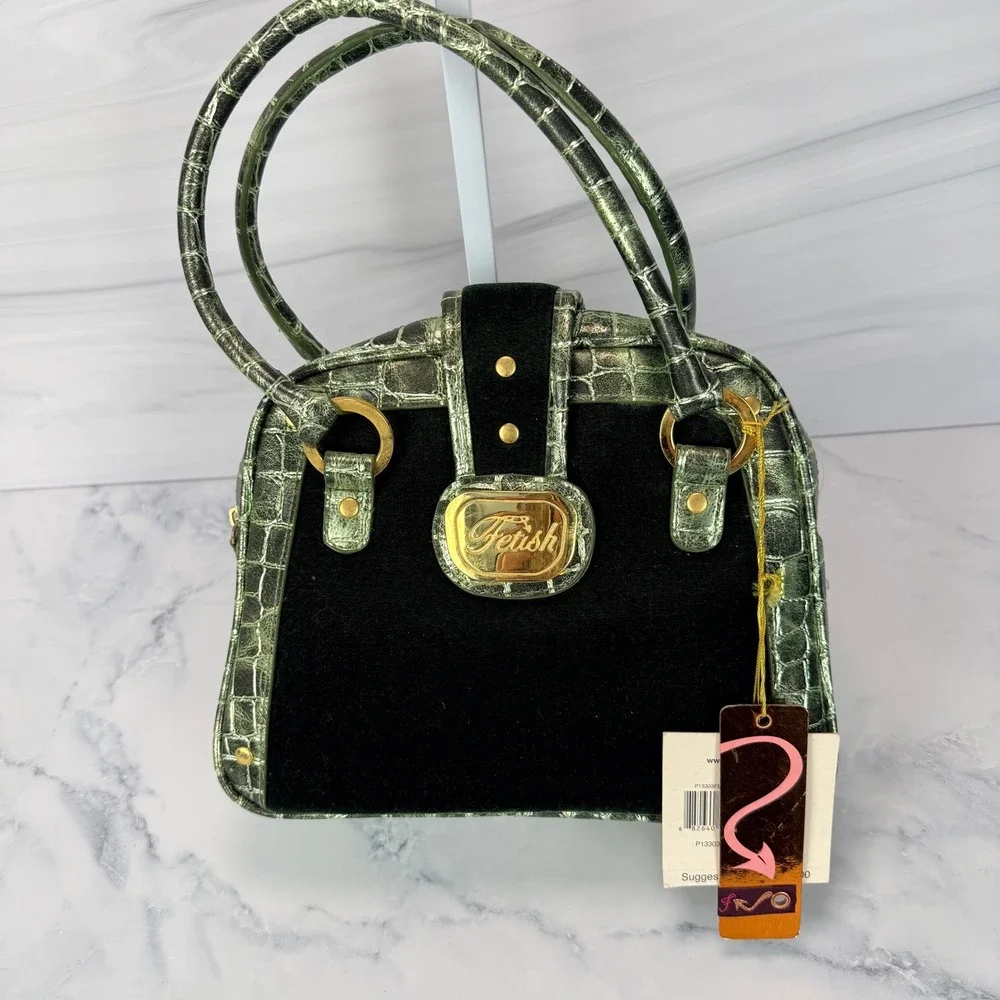 Vintage Fetish by Eve Y2K Metallic Croc Embossed Velvet Satchel Bag Green NWT